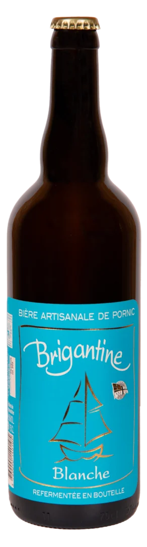 Bouteille de bière artisanale Brigantine Blanche 75cl avec étiquette turquoise et dessin doré d'un voilier.