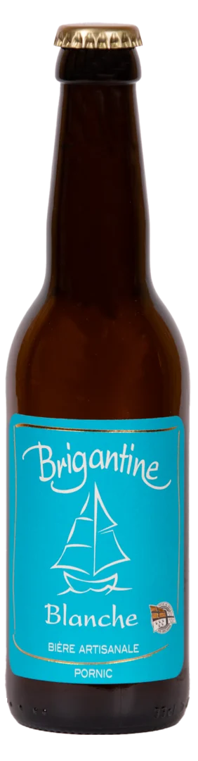 Bouteille de bière artisanale Brigantine Blanche 33cl avec étiquette turquoise et dessin d'un voilier doré.