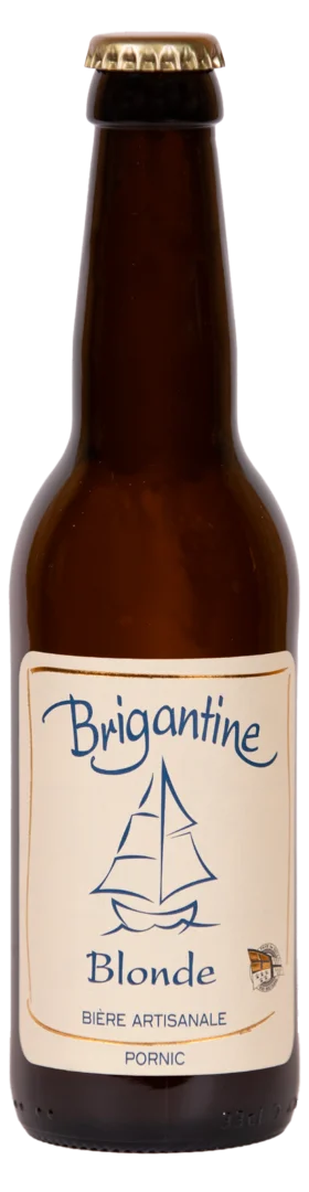 Bouteille de bière artisanale Brigantine Blonde 33cl avec étiquette beige et dessin bleu d'un voilier.