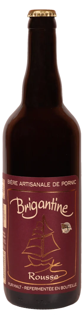 Bouteille de bière artisanale Brigantine Rousse 75cl avec étiquette bordeaux et dessin doré d'un voilier.