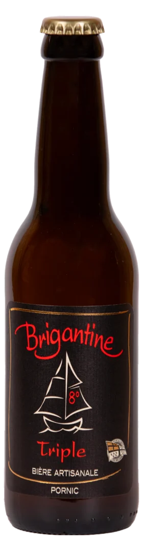 Bouteille de bière artisanale Brigantine Triple 33cl avec étiquette noire et mentions rouges.